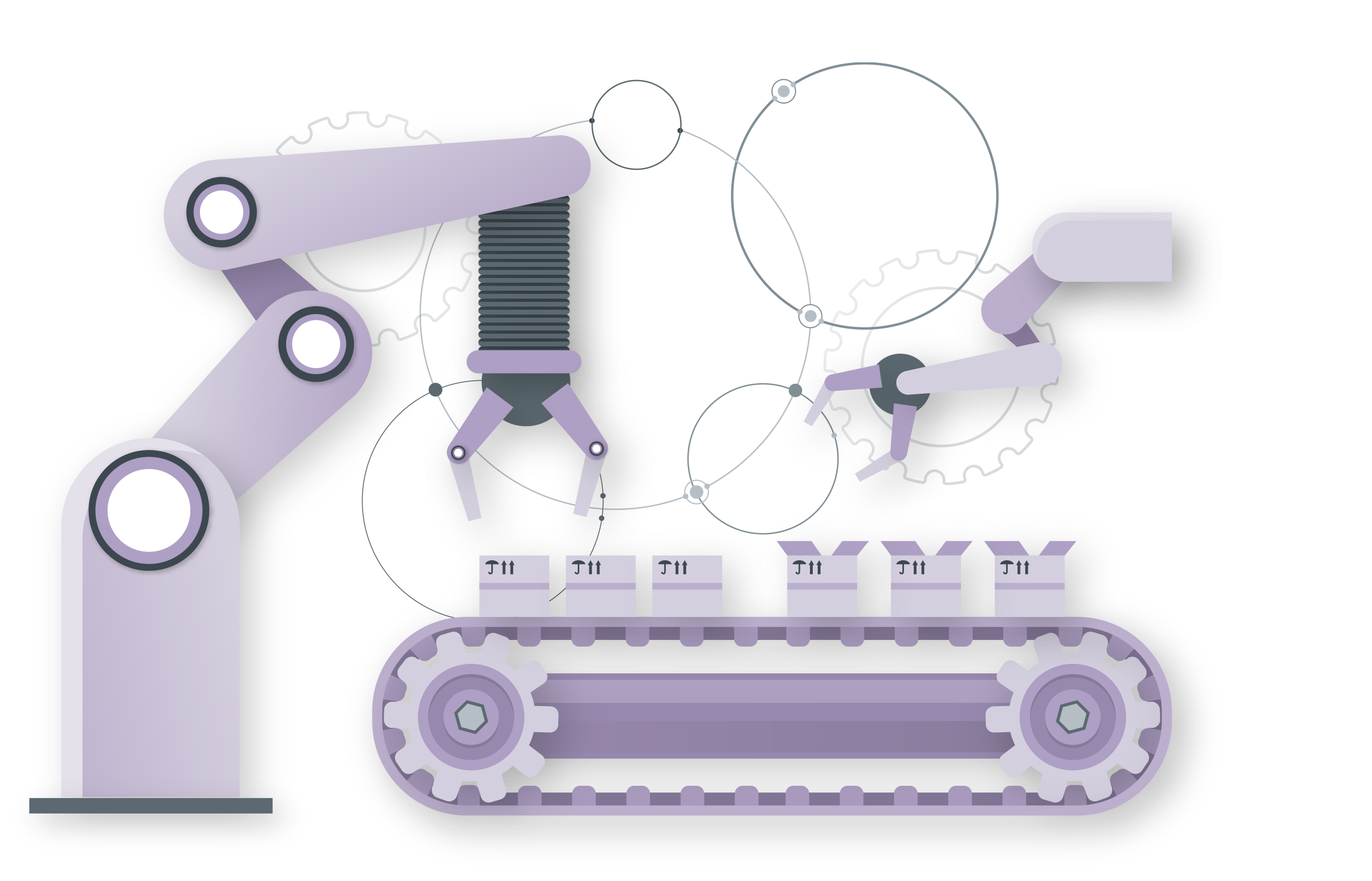 Industrial and Manufacturing Icon showing a robotic arm over a conveyor belt